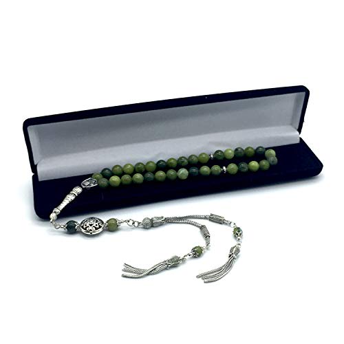 Design -Latest Models New Long & Stylist Tassels Worry Beads - Prayer Beads (8 mm-33 Beads) Tesbih-Tasbih-Tasbeeh-Misbaha-Masbaha-Subha-Sebha-Sibha-Rosary (Green Jade Stone - Twin Tassel) - color: Green Jade Stone - Twin Tassel