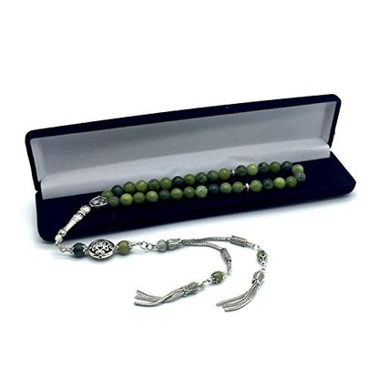 Design -Latest Models New Long & Stylist Tassels Worry Beads - Prayer Beads (8 mm-33 Beads) Tesbih-Tasbih-Tasbeeh-Misbaha-Masbaha-Subha-Sebha-Sibha-Rosary (Green Jade Stone - Twin Tassel) - color: Green Jade Stone - Twin Tassel