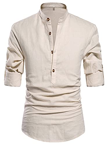 NITAGUT Men Henley Neck Long Sleeve Daily Look Linen Shirts - color: 01beige, size: X-Large