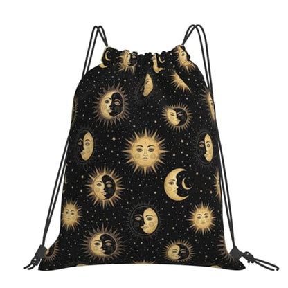 Drawstring Backpack for Men Women, Gold Sun Crescent Moon Star, Breathable Gym Sack for Yoga Travel and Outdoor Camping - color: Pattern (371)