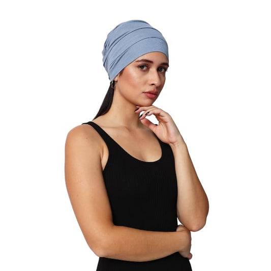 Chemo Silky Soft Slouchy Snood Bamboo Cap Beanie for Women Cancer Hair Loss Turban Hat Chemo Headwear Women - color: Faded Denim