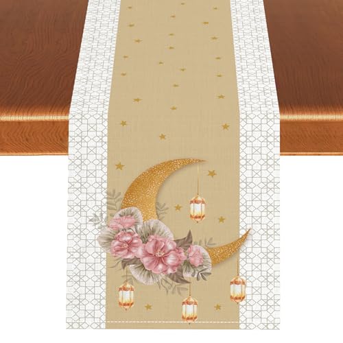 Ramadan Eid Mubarak Table Runner, Rustic Ramadan Kareen Mosque Lantern Islamic Moon Floral Golden Star Seasonal Kitchen Dining Table Scarf for Kitchen Living Room Home Party Decor 13"x72" - color: Ramadan06, size: 13x72" Table Runner