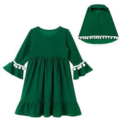ODIZLI Toddler Baby Girls Hijab Dresses 2pcs Muslim Abaya Dresses for Girls Middle East Modest Outfits - color: Dark Green Pom-poms, size: 18-24 Months
