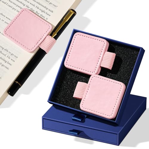 2-Pack PU Leather Magnetic Bookmarks with Pen Holder, Pink - color: Square-pink