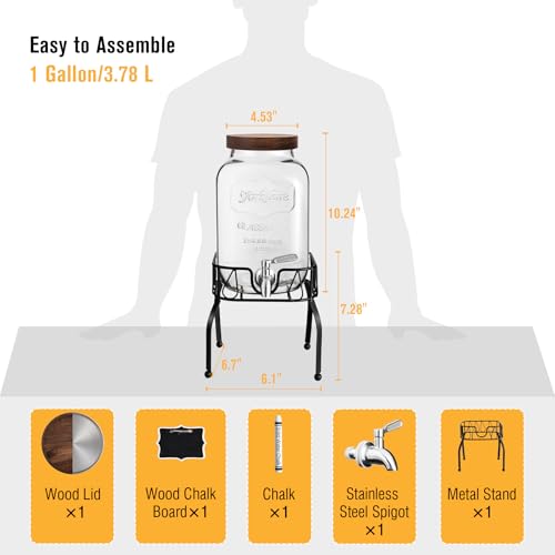 Mustry Glass Drink Dispenser for Parties, 1 Gallon Beverage Dispenser with Stand and Spigot Solid Stainless Steel, Used as Lemonade Dispenser Sun Tea Jar Kombucha Jar - size: Single, with Stand