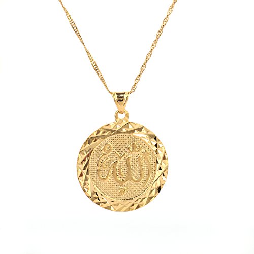 Allah Gold Pendant Necklace Link Chain Middle East Charm Islam Round Pendant
