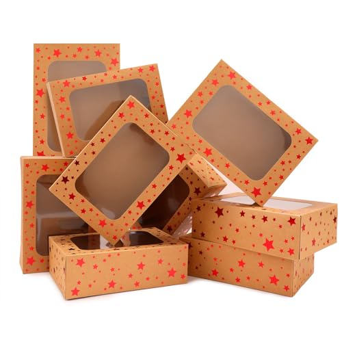 24 Pack Brown Cookie Boxes, 9x6x3Inch Red Star Baking Boxes for Gift Giving,Kraft Boxes with Window,Holiday Treat Boxes for Pastry,Cookie Tin Containers Box for Baked Goods Packaging - color: Red Star-Brown