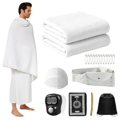 Umrah Essentials Kit for Men – Pack of 8 | Cotton Ihram 110x220 cm, Adjustable Ihram Belt, Foldable Prayer Mat, Miswak, Safety Pins, Digital Tasbeeh, Prayer Cap, Drawstring Bag for Hajj & Umrah