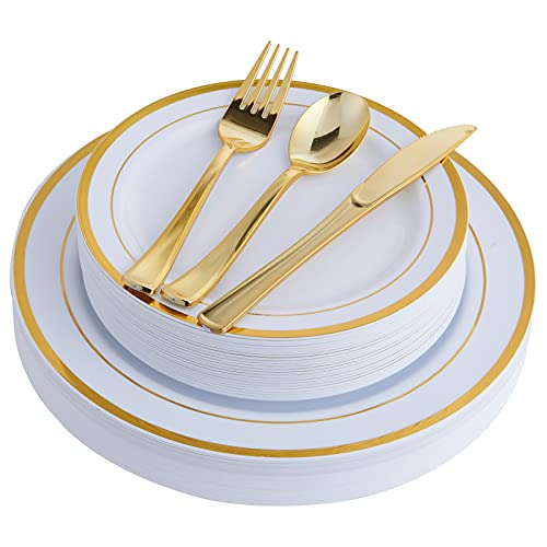 JOLLY CHEF 25 Guests Plastic Plates Set Gold Disposable Dinnerware Set - color: White