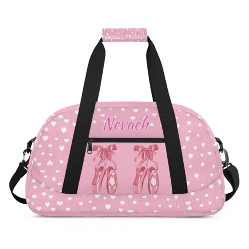 Personalized Dance Duffle Bag for Women Girls, Custom Duffel Bag Toddler Workout Gym Bag, Pink Ballet Shoes with White Love Hearts Pattern, Pink Background - color: Color27
