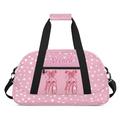 Personalized Dance Duffle Bag for Women Girls, Custom Duffel Bag Toddler Workout Gym Bag, Pink Ballet Shoes with White Love Hearts Pattern, Pink Background - color: Color27