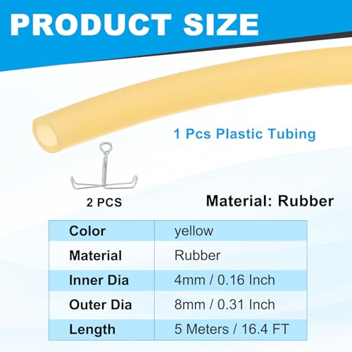 PATIKIL Rubber Tubing, 4mmx8mmx5m Tubing Tube with Hose Clamps, Soft Hose Line Pipe for Multipurpose Industrial Aquarium, Yellow - size: 4mmx8mmx5m