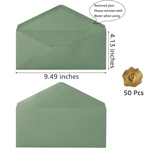 50 Pack Sage Green #10 Business Envelopes with Stickers, 4.13 x 9.49 Inches | Standard Envelopes V Flap, For Office, Business Letter, Letter Mailing - color: Sage Green