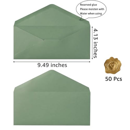 50 Pack Sage Green #10 Business Envelopes with Stickers, 4.13 x 9.49 Inches | Standard Envelopes V Flap, For Office, Business Letter, Letter Mailing - color: Sage Green