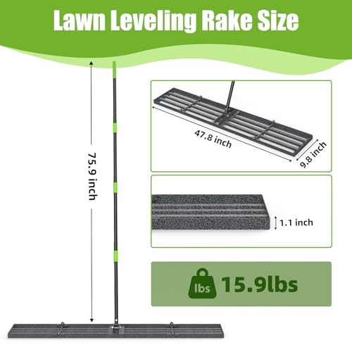 GARDTECH 48×10 Anti-Flip Lawn Leveling Rake,76” Adjustable Handle | Heavy Duty Stainless Steel,2mm Plate, for Topdressing, Sandbox, Garden Beds, Lawn Repair,Dog Spots - size: 48''x10''
