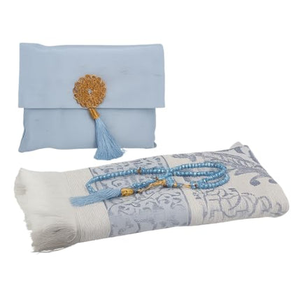 BABY SHOWER CHOCOLATE Muslim Prayer Rug and Tasbeeh Set with Portable Premium Shantung Bag – Soft Janamaz Sajadah for Men & Women – Islamic Gift for Ramadan, Eid, Hajj, Umrah – Travel Prayer Mat - color: Blue