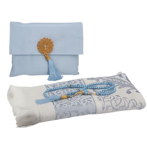 BABY SHOWER CHOCOLATE Muslim Prayer Rug and Tasbeeh Set with Portable Premium Shantung Bag – Soft Janamaz Sajadah for Men & Women – Islamic Gift for Ramadan, Eid, Hajj, Umrah – Travel Prayer Mat - color: Blue