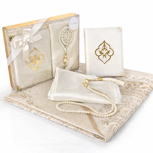 SAJADAH Muslim Prayer Rug Set - 4 in One Islamic Gifts Set, Prayer Mat, Prayer Beads, Hijab, Surahs Book,Eid Gifts - color: Cream