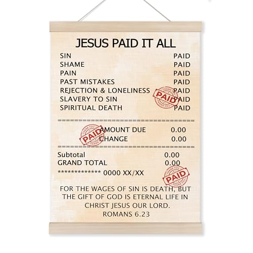 HUGANE Christian Wall Art Poster Hanger Frame, Jesus Paid It All Romans 6:23 Bible Verse Religious Canvas Pictures Prints Hanging Wall Decor for Home Bedroom Office Church, 12x16 Inch - color: Color-21