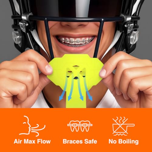 SLEEFS X Safety Yellow Football Mouth Guard - Lip/Mouthguard with Helmet Strap - Lip/Teeth Protector Mouthpiece - Moldable - for Youth/Adults, Men & Women Mouth Guard, Maximum Air Flow, All Sports - color: Safety Yellow
