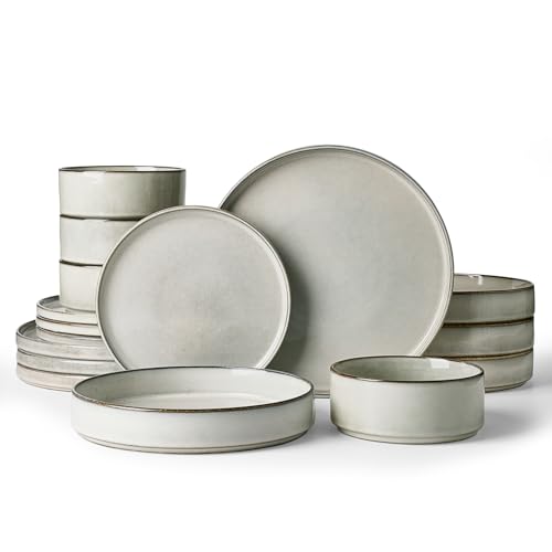 Famiware Annecy 16-Piece Dinnerware Set with Pasta Bowls, Grey White - color: Gray/White, size: Service for 4 (Include Pasta Bowls)