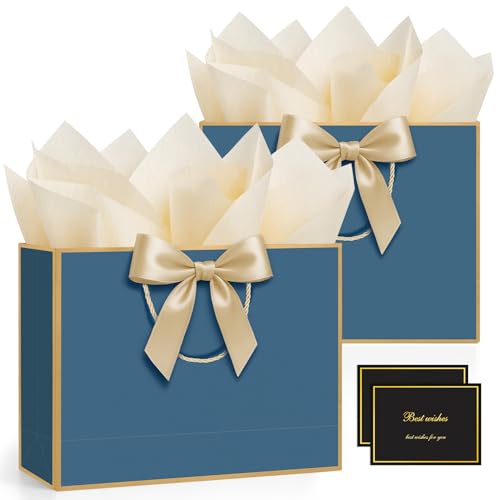 ANZNKU 2PCS Blue Gift Bags Set, Medium Gift Bags with Handles 4 Tissue Paper 2 Ribbons 2 Cards for Women & Men Wedding Birthday Graduation Bridal Baby Shower Engagement Party Favors Present Wrap - color: Navy Blue