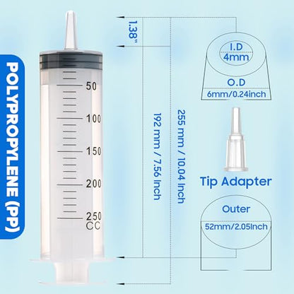 250ml Syringes with Tube 40 Inch Handy Plastic Tubing and Adapter Tip | Large Syringe for Liquid, Refilling Measuring, Dispensing Watering, Plant Irrigation, Feeding Pets, Oil or Glue Applicator - size: 250ML/CC
