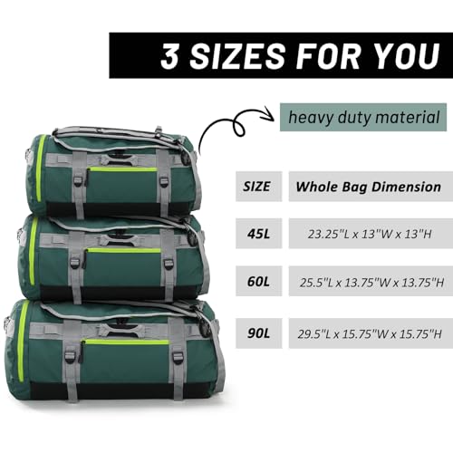 MIER 여행용 캠핑 체육관 스포츠용 대형 더플 백 백팩, 45L/60L/90L | 방수, 컨버터블 더플, 탈착식 백팩 스트랩, 신발 수납 공간, 튼튼한 타폴린, 3가지 사이즈 - color: 초록색., size: 60L