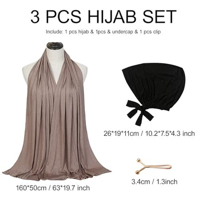 Hijab Scarf for Women, 3PCS Set with Undercap and Hijab Clip Lightweight Modal Muslim Head Wrap Scarf for Daily - color: Sy13-khika Hijab+black Undercap