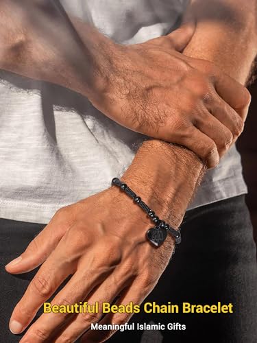 PROSTEEL Allah Bracelet, Muslim Islamic Jewelry Religious Islam Arabic God Charm Stainless Steel Beads Chain Bracelet, fits wrist from 5.9'' to 7.9'', Come with Box - color: 01 black-allah heart