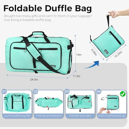 Fmeida 65L Duffle Bag with Shoes Compartment, Foldable Travel Duffel Bags for Men Women, Large Packable Travel Bag Water Repellent & Tear Resistant (Mint Green) - color: Glossy Mint Green