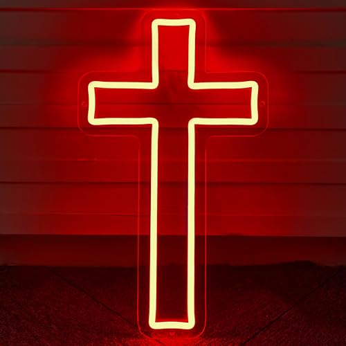 Jesus Cross Neon Sign Red Led Cross Lights Wall Decor Art Lamp Light-Upside Down Light Up Sign for Home Bedroom Christian Religious Room Easter Christmas - color: Red