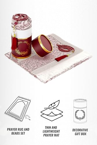ihvan online Muslim Prayer Rug and Prayer Beads with Elegant Design Cylinder Gift Box, Janamaz, Soft Sajadah, Islamic Gifts Set, Portable Prayers Carpet Mat, Taffeta Fabric, Burgundy - color: Burgundy