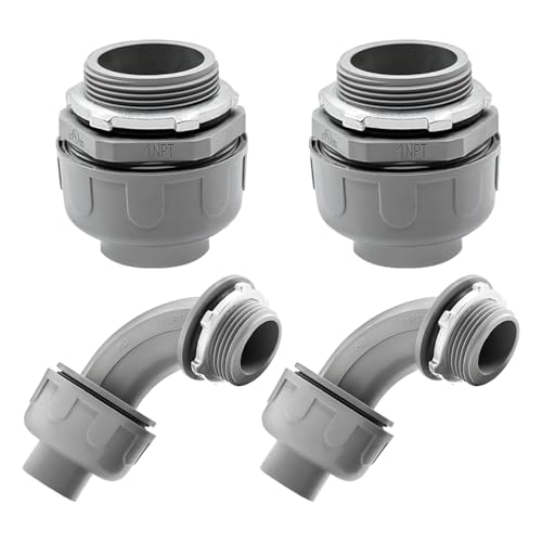 4 Pack 1 Inch Liquid Tight Connectors - PVC Electrical Conduit Fittings, Straight, 90 and 180 Degree Non-Metallic Flexible Connectors for Home, Bathroom, and Kitchen, Gray - size: 1 Inch 4-Pack (90D+180D)
