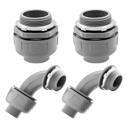 4 Pack 1 Inch Liquid Tight Connectors - PVC Electrical Conduit Fittings, Straight, 90 and 180 Degree Non-Metallic Flexible Connectors for Home, Bathroom, and Kitchen, Gray - size: 1 Inch 4-Pack (90D+180D)