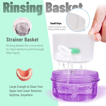 Leak Proof Purple Denture Cups for Soaking Dentures, Partial Denture Bath Case Travel Retainer Cleaning Container Case with Brush for Aligner, Denture, Mouth Guard - color: Transparent Purple
