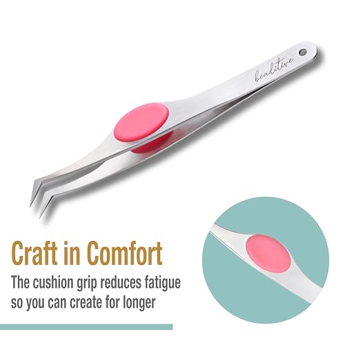 Beaditive High Precision Angled Tip Tweezers with Cushion Grip - 4.7" Craft Tweezers for Sewing, Beading & DIY Crafts - Non-Serrated Jewelry Tweezers with Fine Angled Tips - Stainless Steel (Fuchsia) - color: Fuchsia