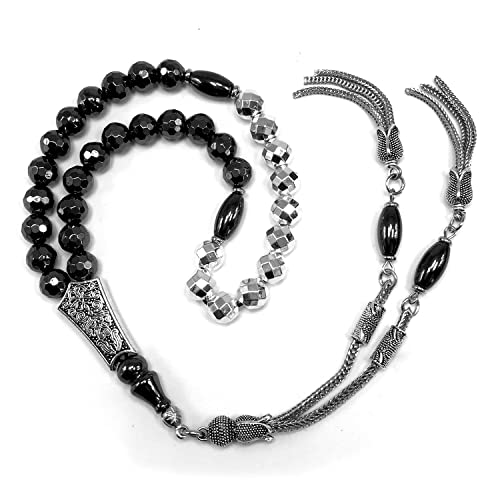Design-Long & Stylist Tassels Collection Worry Beads-Prayer Beads-Tesbih-Tasbih-Tasbeeh-Misbaha-Subha-Sebha-Sibha-Rosary (Black and Silver Plated Hematite 8 mm 33 Beads & Bracelet) - color: -Faceted Black and Silver Plated Hematite 8 mm 33 Beads & Bracele