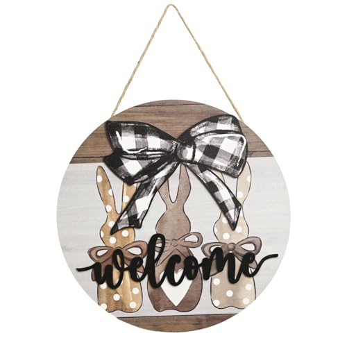 Smile Round Wooden Easter Welcome Sign - Plaid Bow & Polka Dot Bunny Design, Farmhouse Style Hanging Door Decor for Spring Holiday Home Accent - style: Easter Bow
