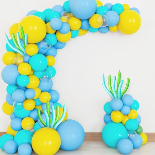 KatchOn, Huge Blue Yellow Balloon Arch Kit - Pack of 120, Size - 18, 12, 10 Inches | Blue, Turquoise and Yellow Latex Balloons for Light Blue Birthday Decorations | Ocean Themed Party Decorations - color: Blue