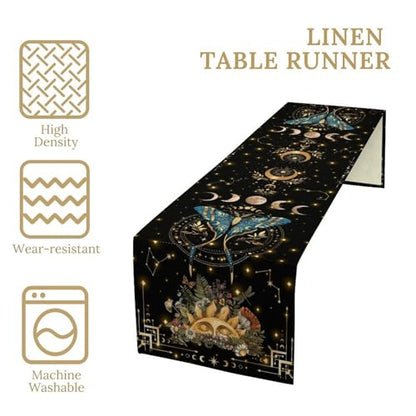 Gothic Moth Table Runner, Boho Gothic Sun Moon Phase Wildflower Mystical Witchy Farmhouse Coffee Table Runner for Home Kitchen Dining Patio Holiday Party 13x36in - color: Moth-5, size: W13''xL36''