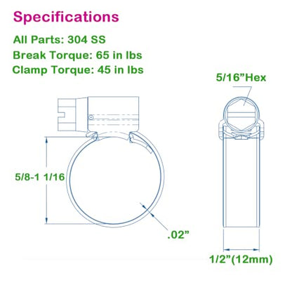 Non-Slip Stainless Steel Worm Gear Hose Clamps 5/8 to 1-1/16"(16-27mm) | SAE Size 10, 5/16"Hex Head, Soft Hose Protection, Adjustable for Automotive, Fuel Line, Garden, Heater, Radiator, 12Pack - size: SAE#10(5/8 To 1-1/16)