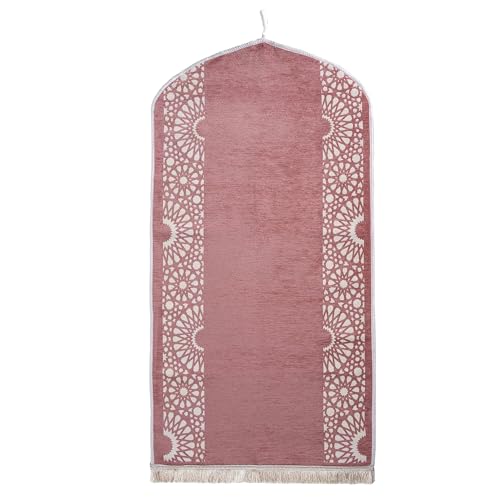 Modefa Turkish Islamic Prayer Mat - Chenille with Foam and Carrying Bag - Intricate Praying Rug Ramadan Eid Gift - Traditional Muslim Janamaz Seccade for Men Women - Mustaqim (Rose Pink) - color: Rose Pink