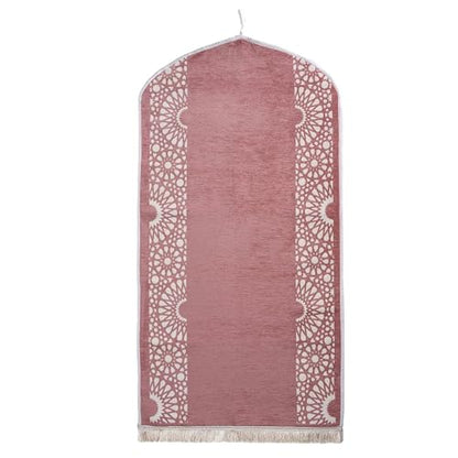 Modefa Turkish Islamic Prayer Mat - Chenille with Foam and Carrying Bag - Intricate Praying Rug Ramadan Eid Gift - Traditional Muslim Janamaz Seccade for Men Women - Mustaqim (Rose Pink) - color: Rose Pink