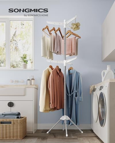 SONGMICS 2단 의류 건조대, 190cm(75.2인치) 접이식 세탁 건조대, 행거용 6개의 회전 가능한 암, 스테인리스 스틸, 옷 54개, 화이트 및 실버 ULLR514W01 - color: 화이트 + 실버, style: 2단 행