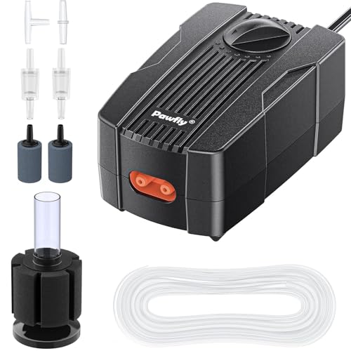 Pawfly 50 GPH Aquarium Air Pump for 10-60 Gallon Fish Tanks Dual Outlet Adjustable Ultra Quiet Aerator Pump with Airline Tubing, Air Stones Connectors, Check Valves and Nano Bio Sponge Filter - size: 50 GPH