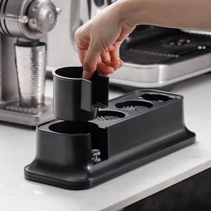 Aramox Coffee Tampering Station, ABS Material, Non Slip Silicone Mat, 51mm 53mm 58mm, Durable, with Small Accessories Storage Tank, for Desktop Protection (Black)