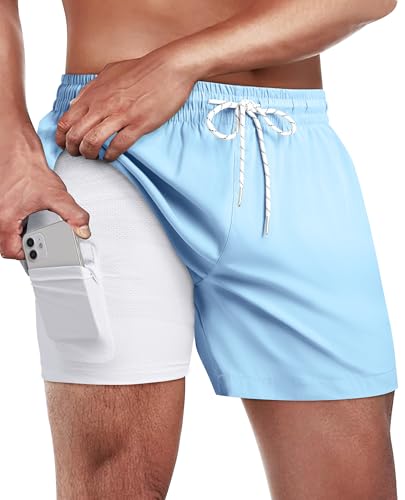 Gleeease 5 Inch Mens Swim Trunks with Compression Liner Men's Bathing Suit | Mens Swim Shorts 4 Pockets Quick Dry 2 in 1 Water Resistant Solid Stretch Breathable Surfing Beach Elastic Waistband Swimsuit - color: Light Blue, size: Large