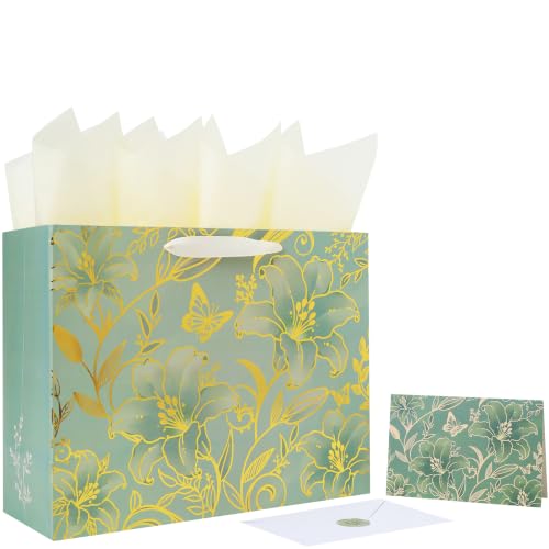 13'' Large Green Floral Gift Bag Set with Handles, Greeting Card, Tissue Papers and Stickers for Women Girls for Birthdays, Valentine's Day, Weddings, Anniversaries, Mother's Day, Flowers Design, 1 Pcs - color: (Large) Green