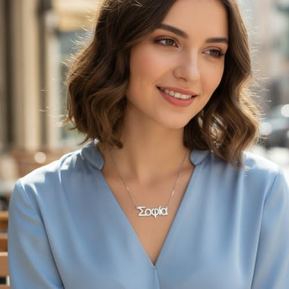 Personalized Japanese, Arabic, Hebrew, Greek, Chinese, Cyrillic, Hindi Name Necklace for Woman, Her, Men, Him - Custom Made with Any Name - Unisex Jewelry Gift for Mother's Day, Father's Day, Birthday - color: 925 Sterling Silver, style: Greek